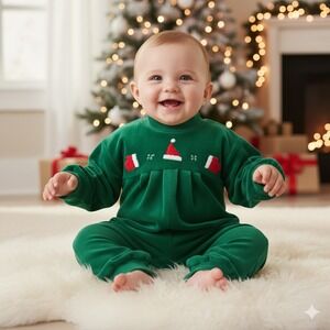Vtg Talbots Kids Baby Pajamas 6 Months Velour‎ Christmas Outfit Green Santa Hat